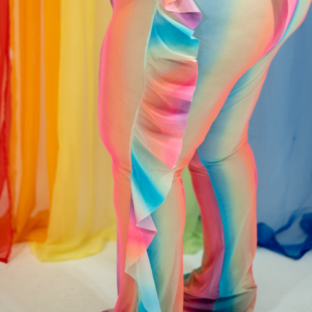Pastel Rainbow Mesh Flare Pants with Side Ruffle