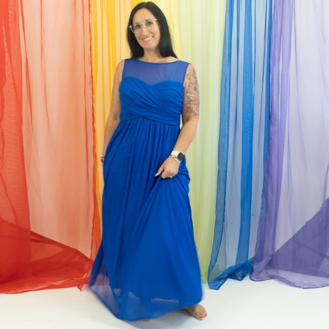Royal Blue Mesh Overlay Floor Length Formal Gown