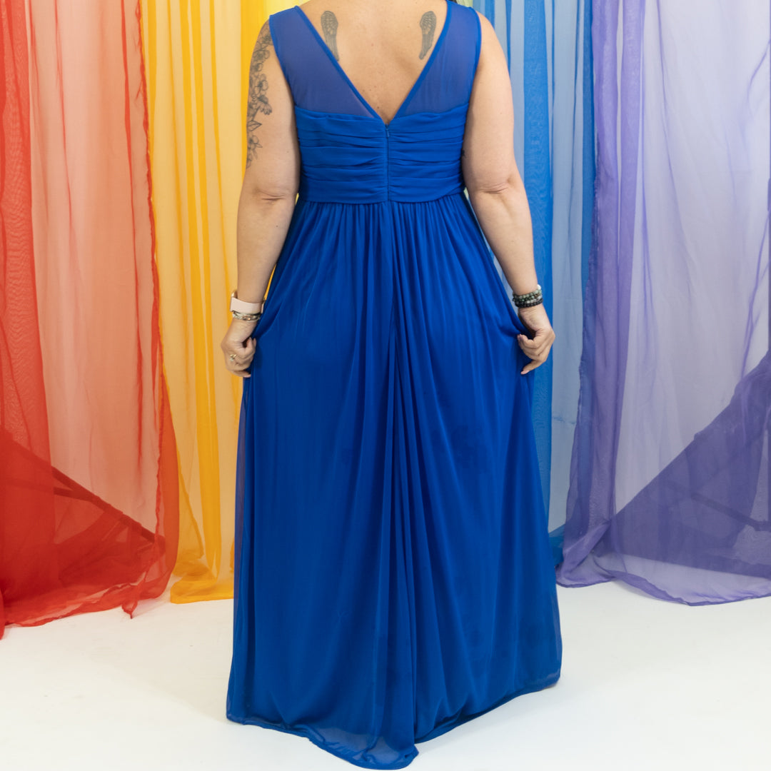 Royal Blue Mesh Overlay Floor Length Formal Gown