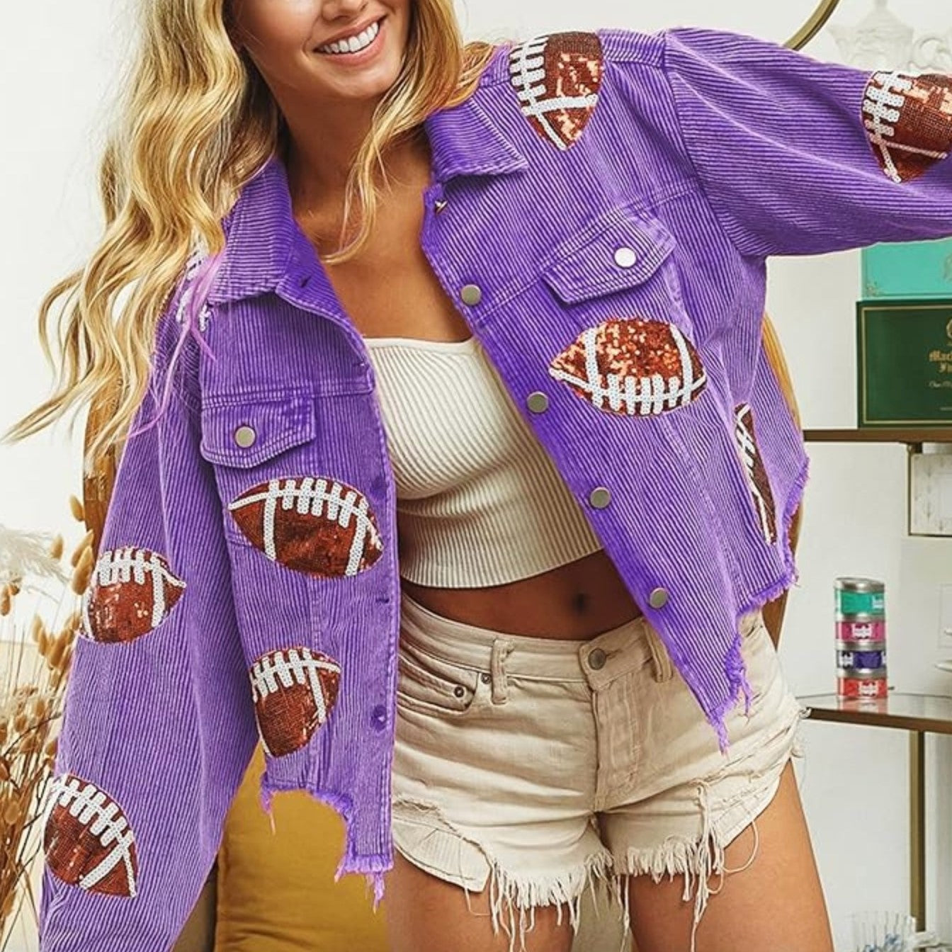 Purple Corduroy Jacket with Sequin Football Patches