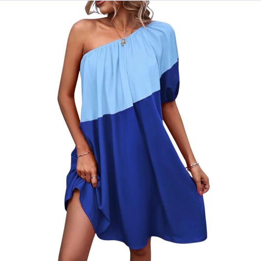 Blue Color Blocked One Shoulder Dress NWT