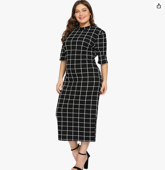 Black and White Grid Print Mock Neck Dress