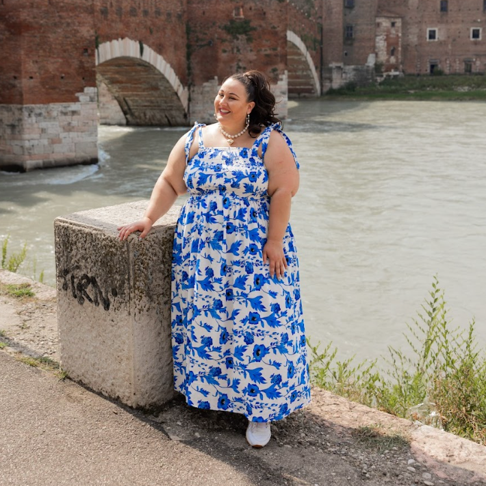 White and Blue Floral Tie Shoulder Maxi Dress