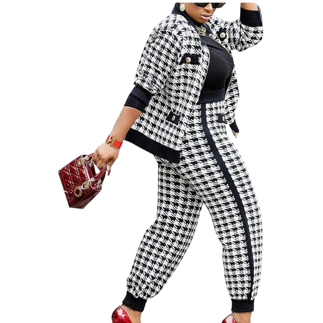 Black and White Houndstooth Two Piece Track Suit