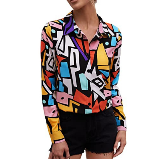Black and Rainbow Abstract Print Long Sleeve Button Down