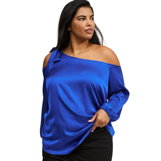 Torrid Blue Satin Off the Shoulder Long Sleeve Top