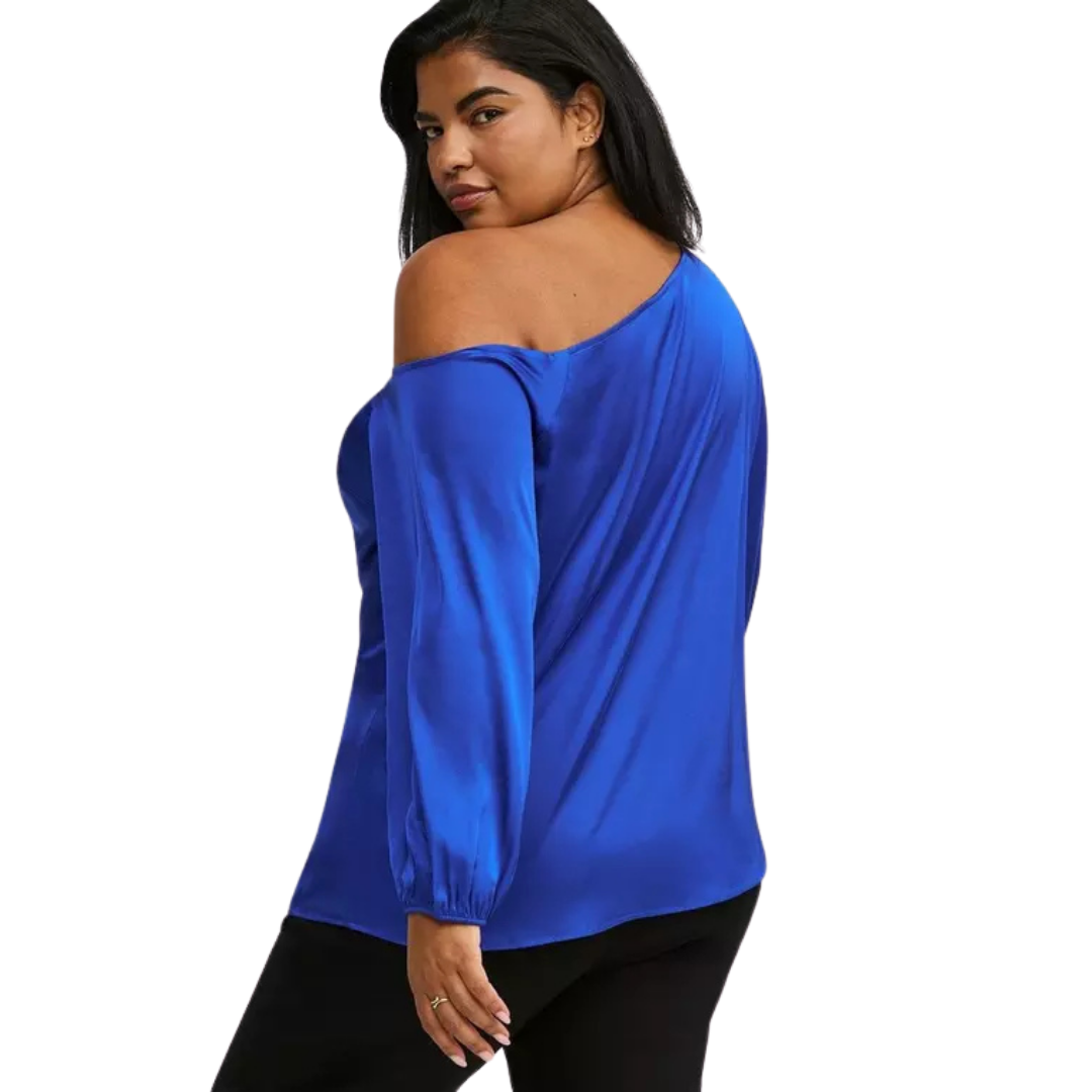 Torrid Blue Satin Off the Shoulder Long Sleeve Top