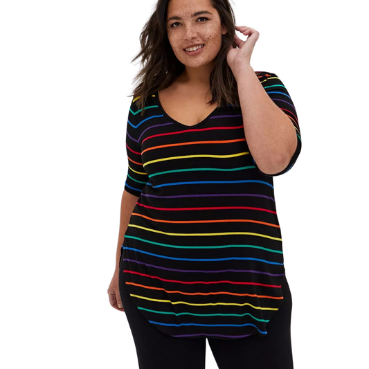 Torrid Black and Rainbow Stripe 1/2 Sleeve V Neck Tee