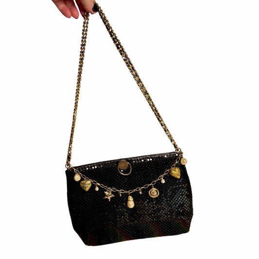 Dripping in Vintage Gold Bag Charm on Vintage Black Metal Mesh Shoulder Bag