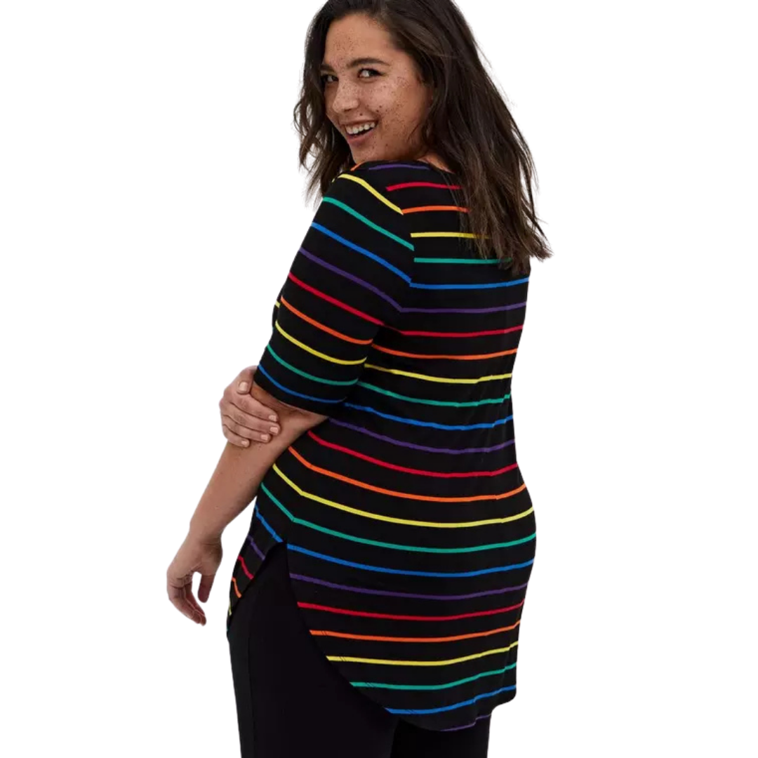 Torrid Black and Rainbow Stripe 1/2 Sleeve V Neck Tee