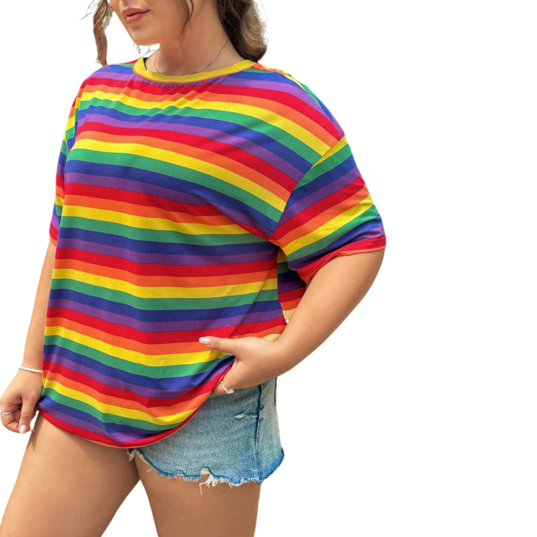 Rainbow Striped Boxy Fit Crewneck T Shirt
