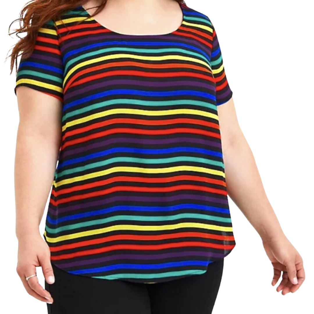 Torrid Black and Rainbow Striped Short Sleeve Top