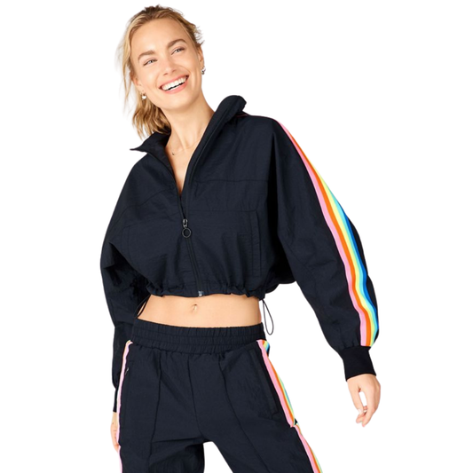 Fabletics Cropped Black Windbreaker with Neon Rainbow Stripe