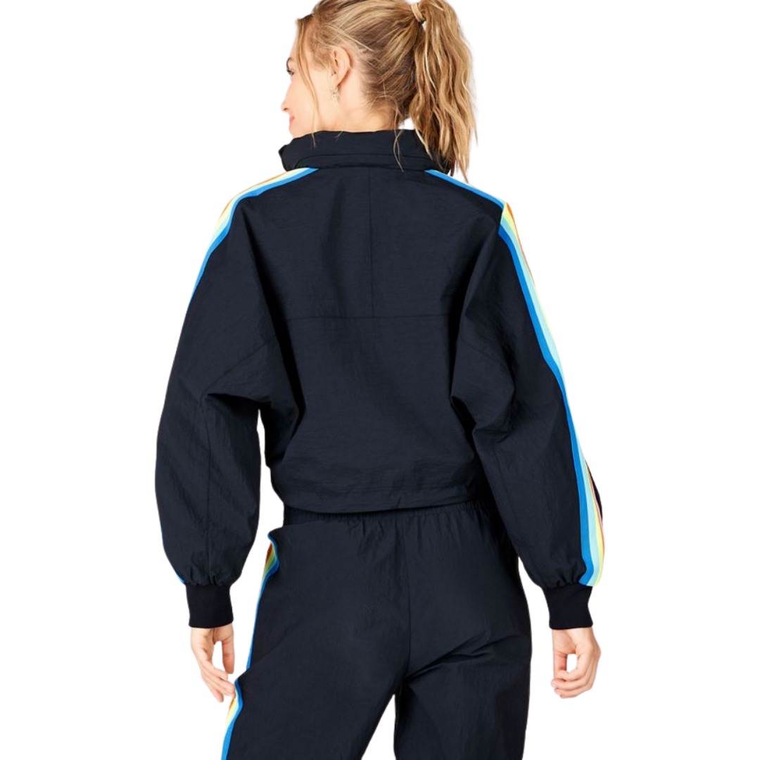 Fabletics Cropped Black Windbreaker with Neon Rainbow Stripe