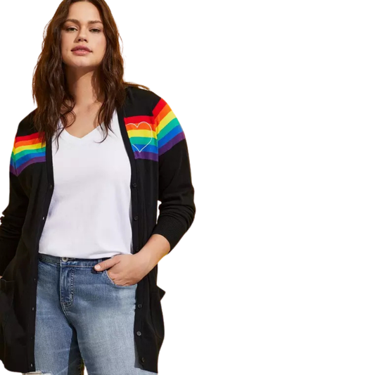 Torrid Black Cardigan Sweater with Rainbow Stripes