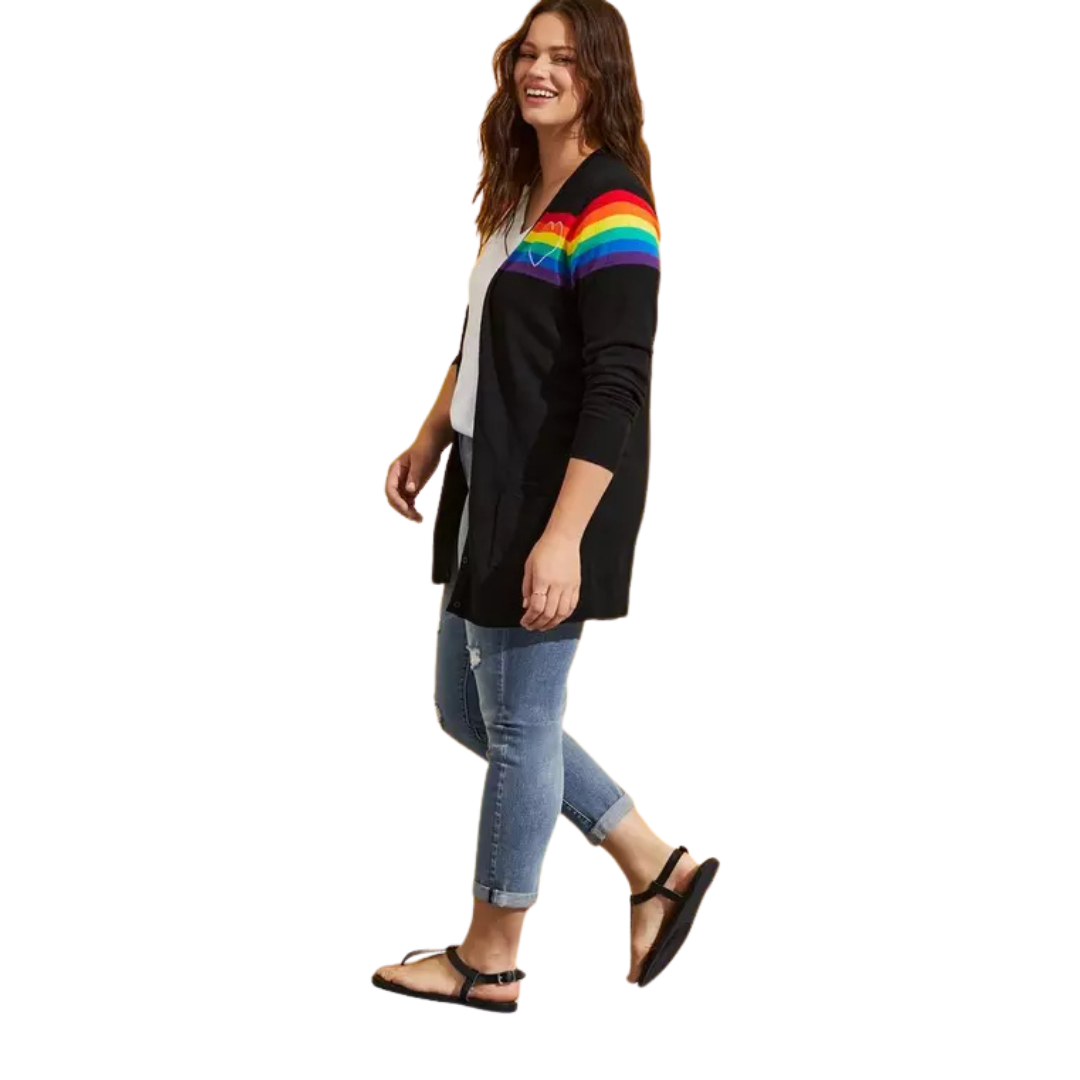Torrid Black Cardigan Sweater with Rainbow Stripes