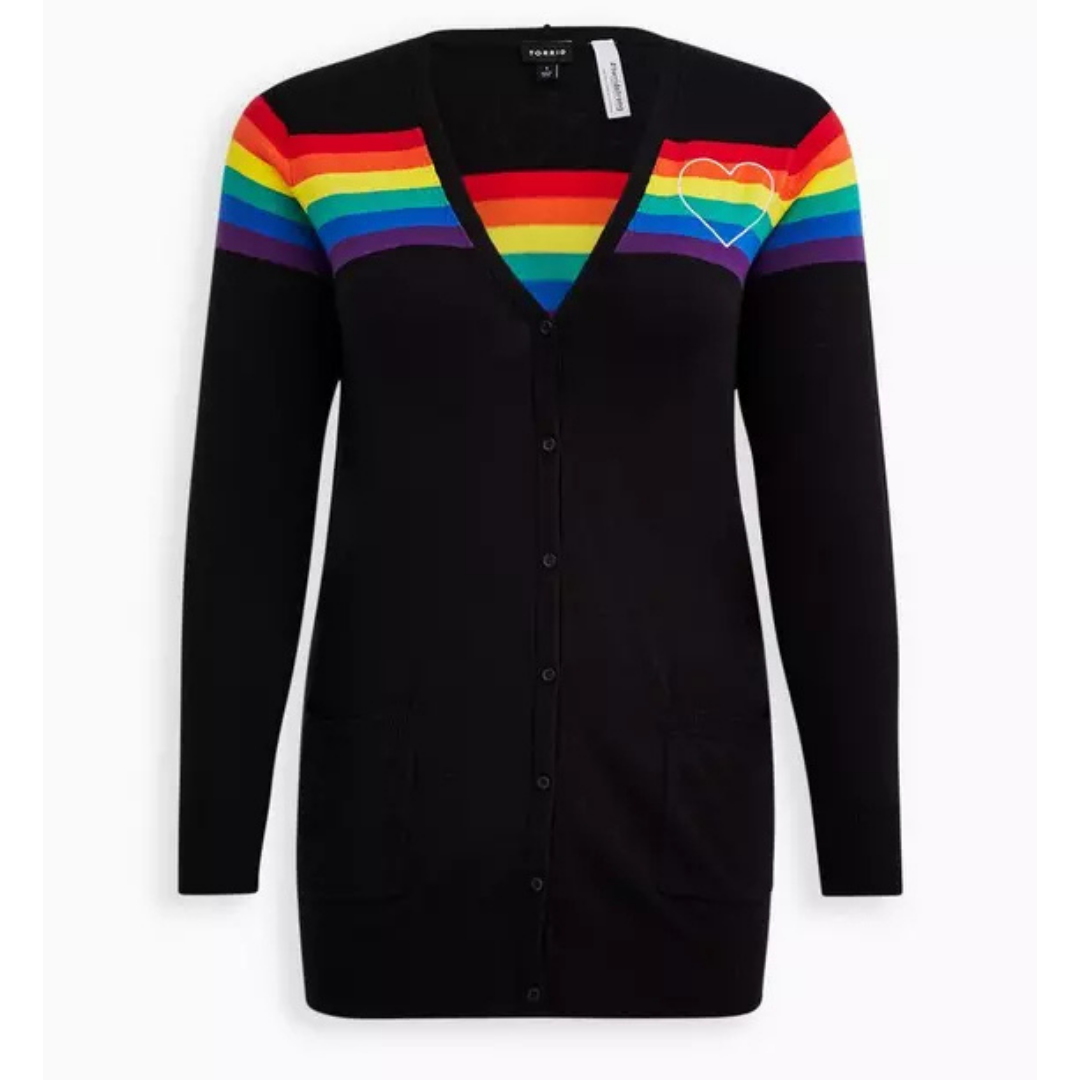 Torrid Black Cardigan Sweater with Rainbow Stripes