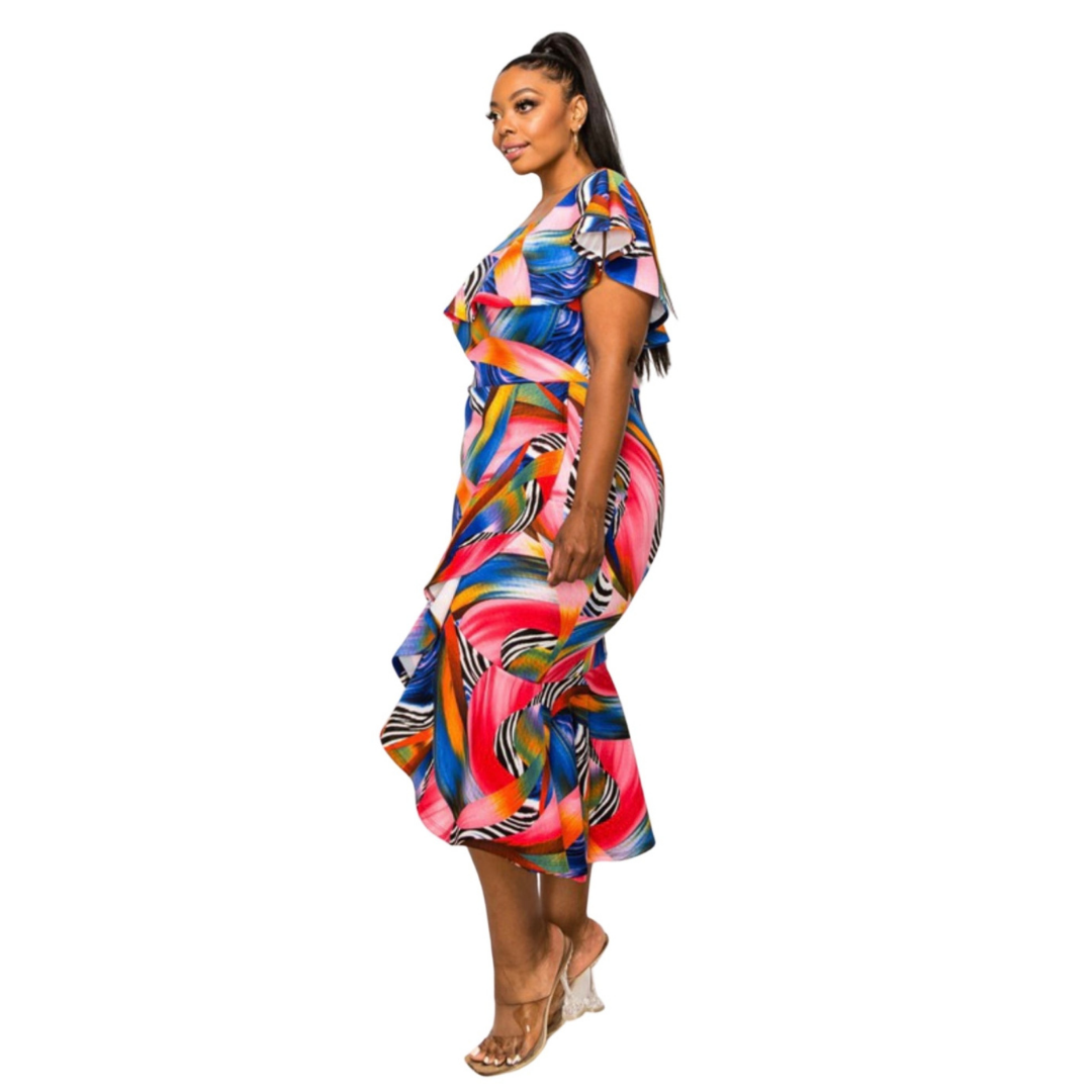 Rainbow and Black and White Abstract Pattern Off the Shoulder Dress