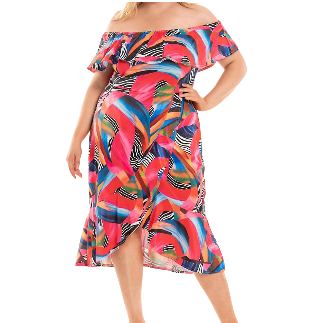 Rainbow and Black and White Abstract Pattern Off the Shoulder Dress