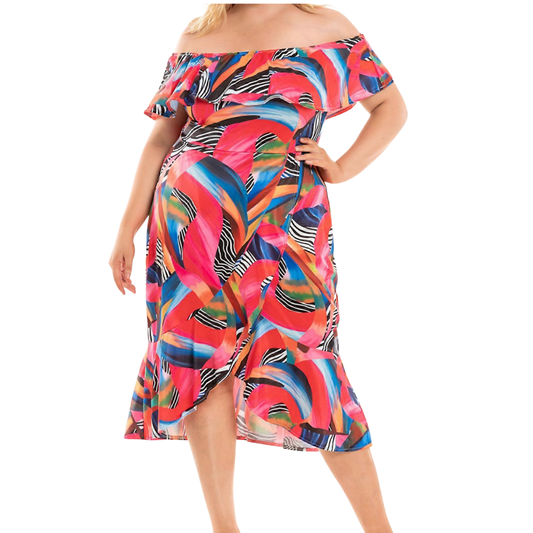 Rainbow and Black and White Abstract Pattern Off the Shoulder Dress