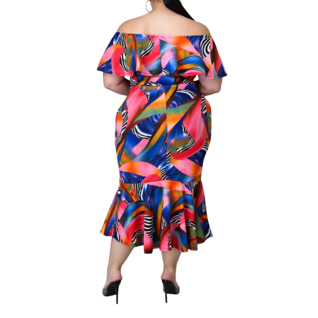 Rainbow and Black and White Abstract Pattern Off the Shoulder Dress