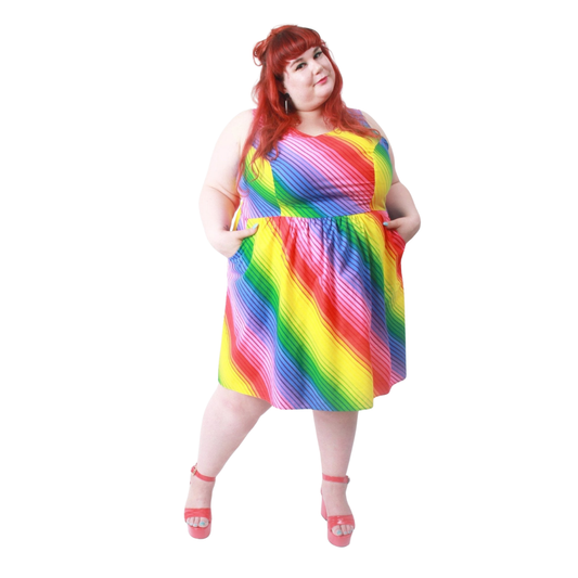 Retrolicious Rainbow Striped Sleeveless Fit and Flare Dress