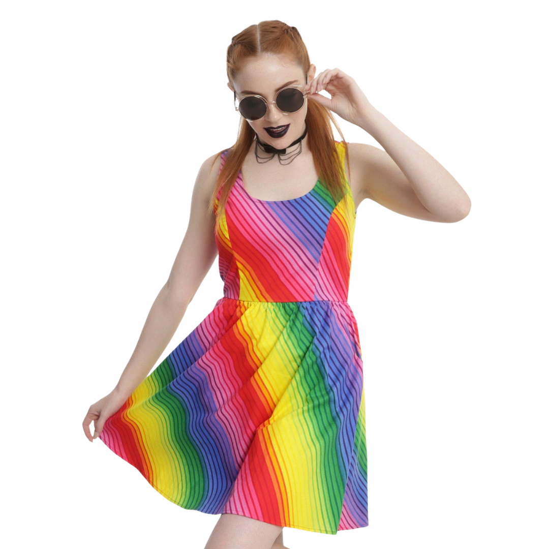Retrolicious Rainbow Striped Sleeveless Fit and Flare Dress