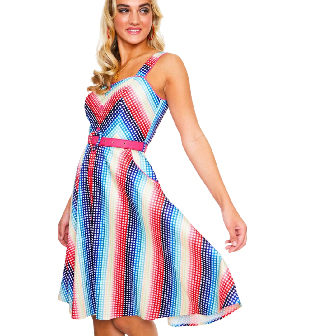 Rainbow Grid Print Pin-up Style Dress