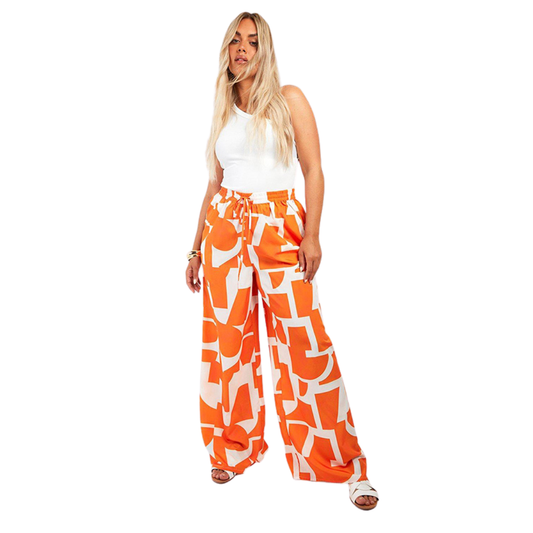 Boohoo Orange and White Geometric Print Wide Leg Pull-On Pants
