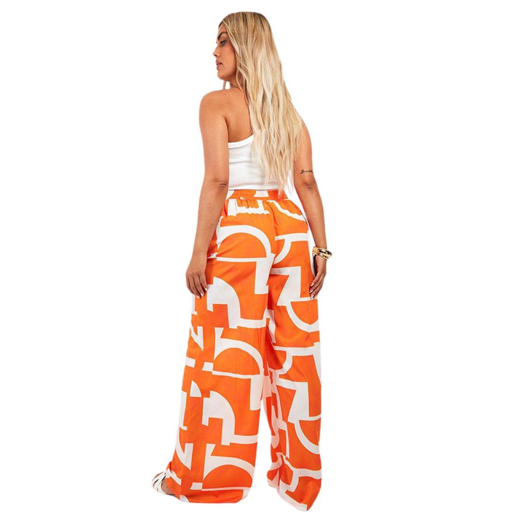 Boohoo Orange and White Geometric Print Wide Leg Pull-On Pants