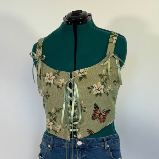 Sage Green Floral and Butterfly Tapestry Bustier