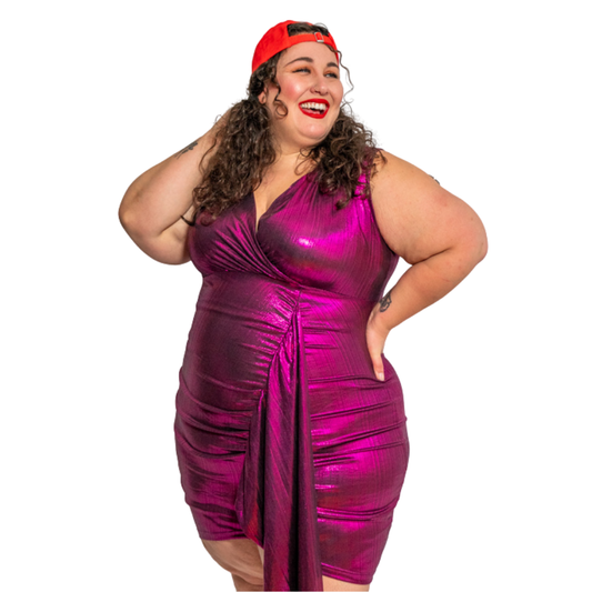 Purple Metallic Pleated Dress with Sash Detail