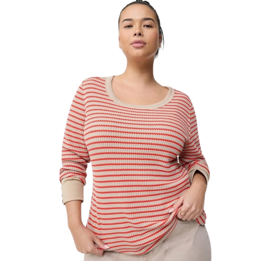 Torrid Tan and Red Stripe Long Sleeve Waffle Knit Top