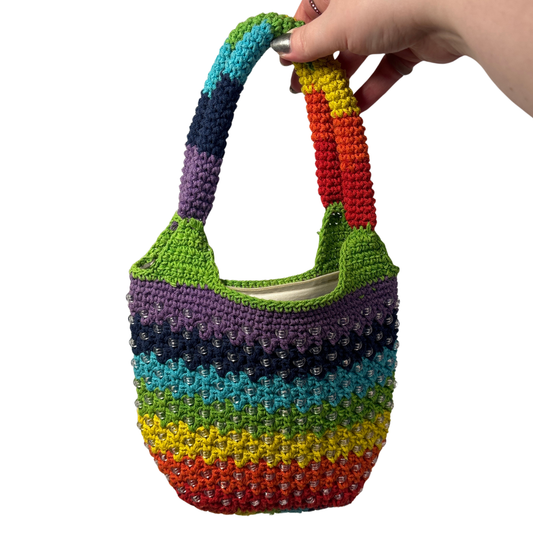 Crocheted Rainbow Striped and Beaded Mini Handbag