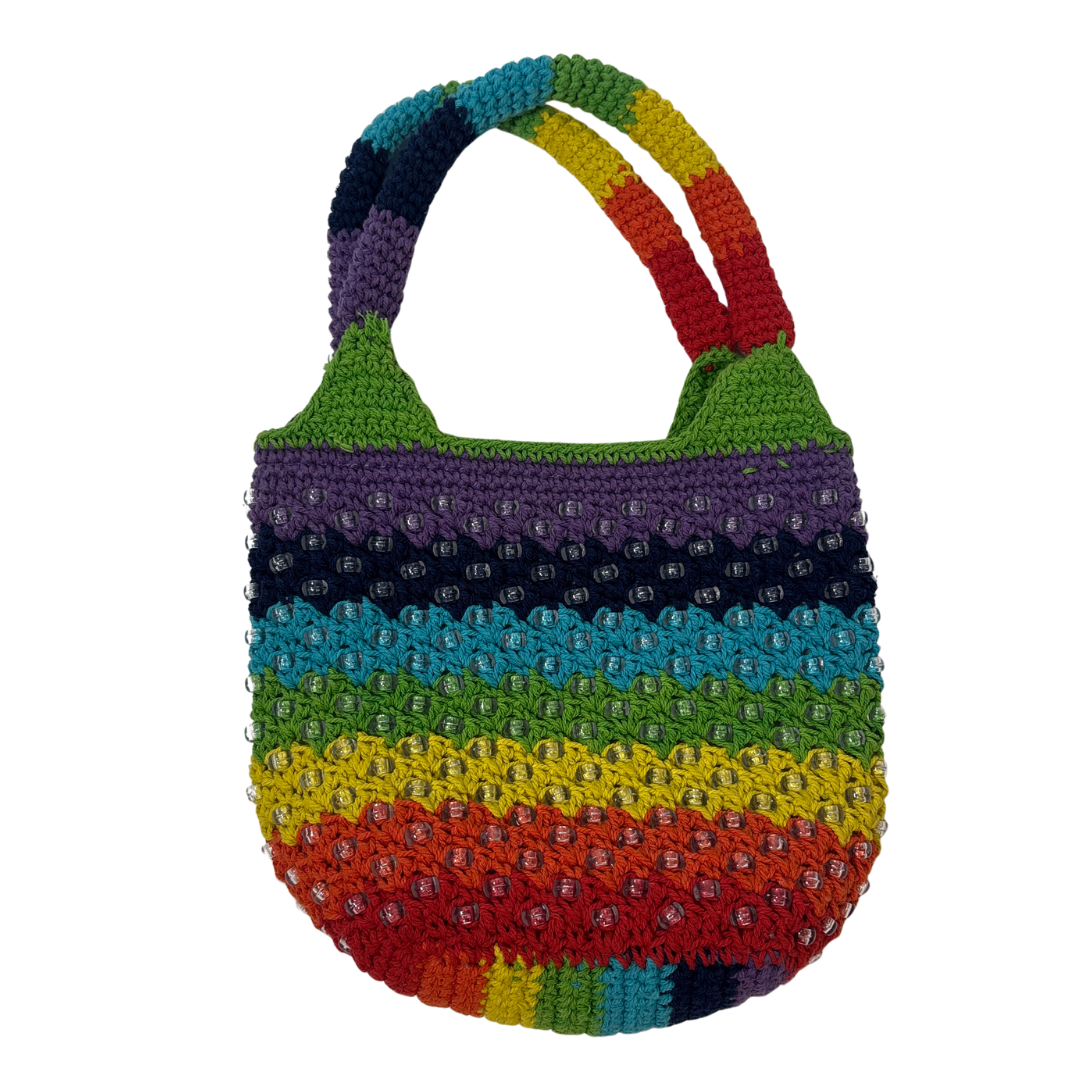 Crocheted Rainbow Striped and Beaded Mini Handbag
