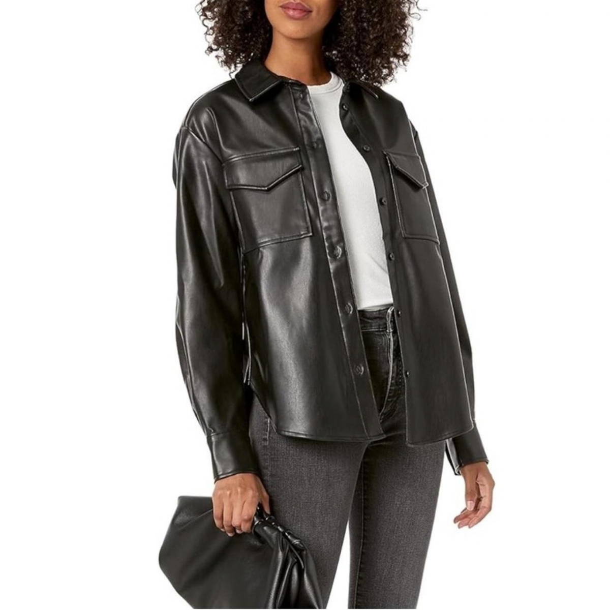 Black Faux Leather Button Front Shacket