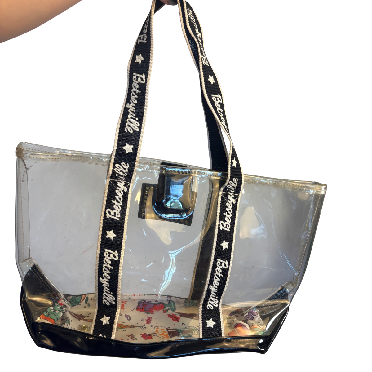 Betsey Johnson Vintage Y2K McBling Clear Tote with Black and White Details