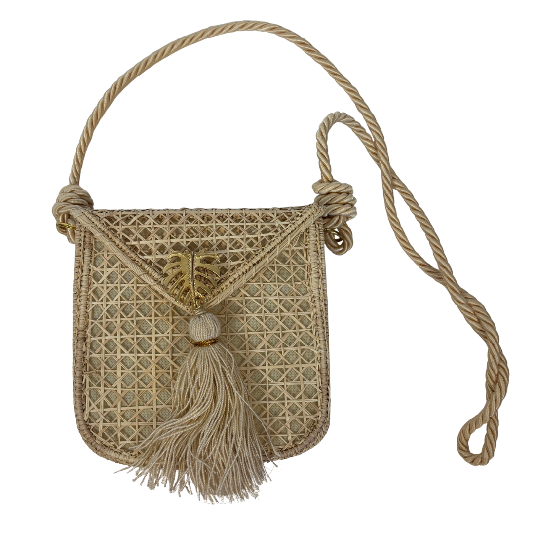 Straw Crossbody Bag with Tassel and Monstera Leaf Detail NWT