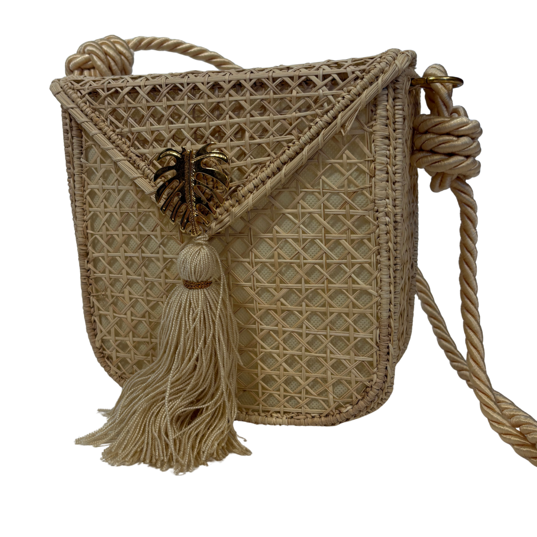 Straw Crossbody Bag with Tassel and Monstera Leaf Detail NWT