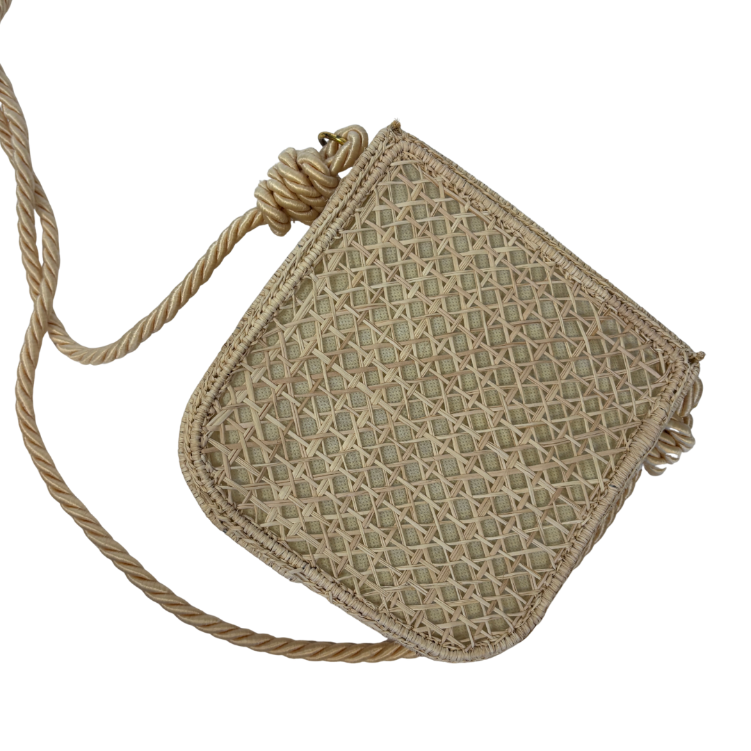 Straw Crossbody Bag with Tassel and Monstera Leaf Detail NWT