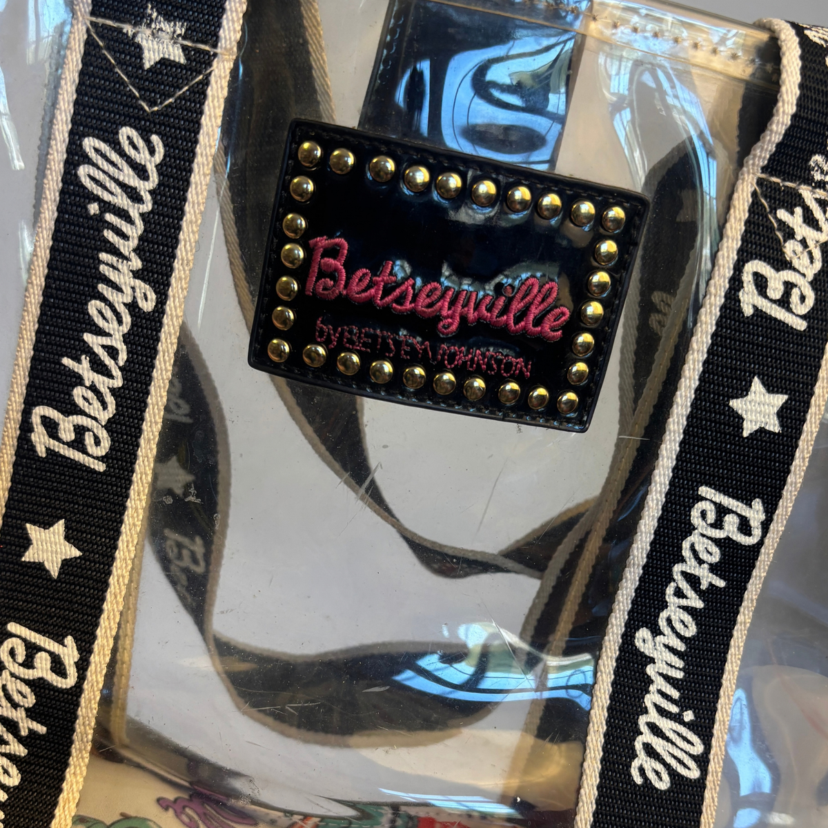 Betsey Johnson Vintage Y2K McBling Clear Tote with Black and White Details
