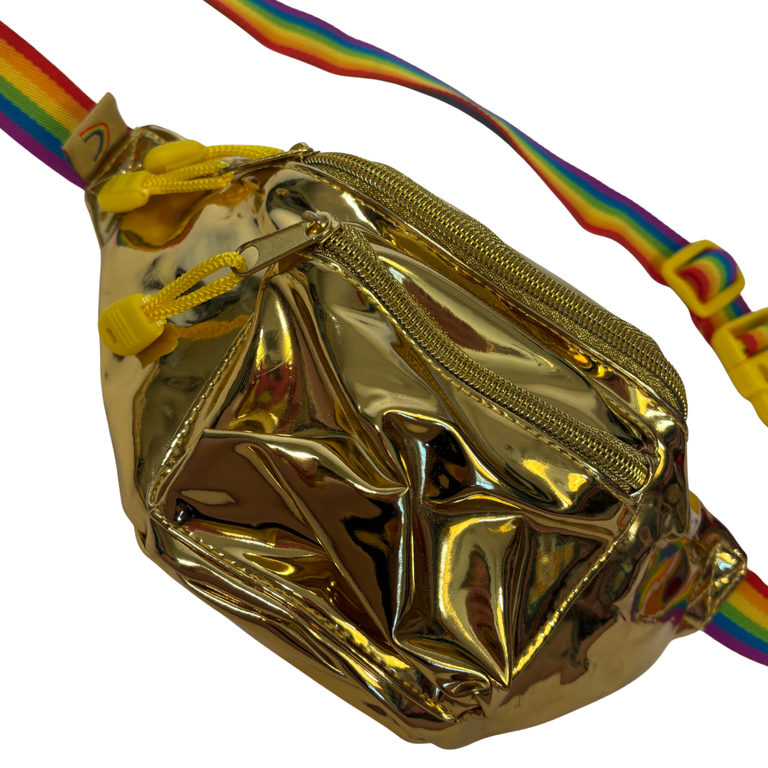 Tipsy Elves Pride Gold Metallic Fanny Pack with Rainbow Strap