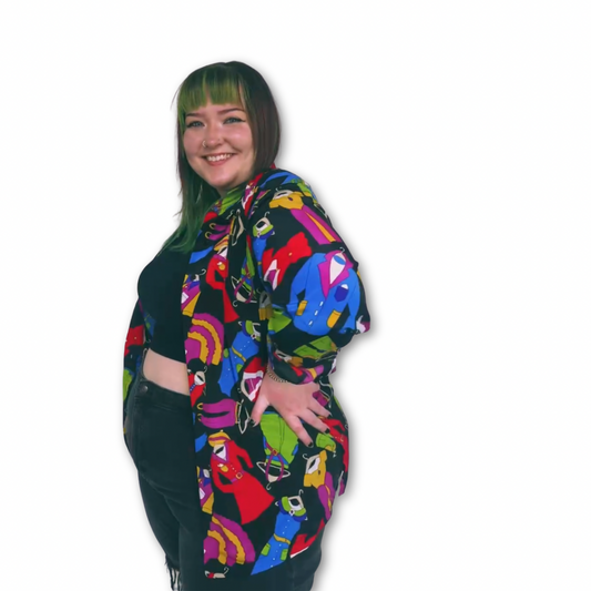 Vintage Black and Multicolor Dress Print Button Down Top