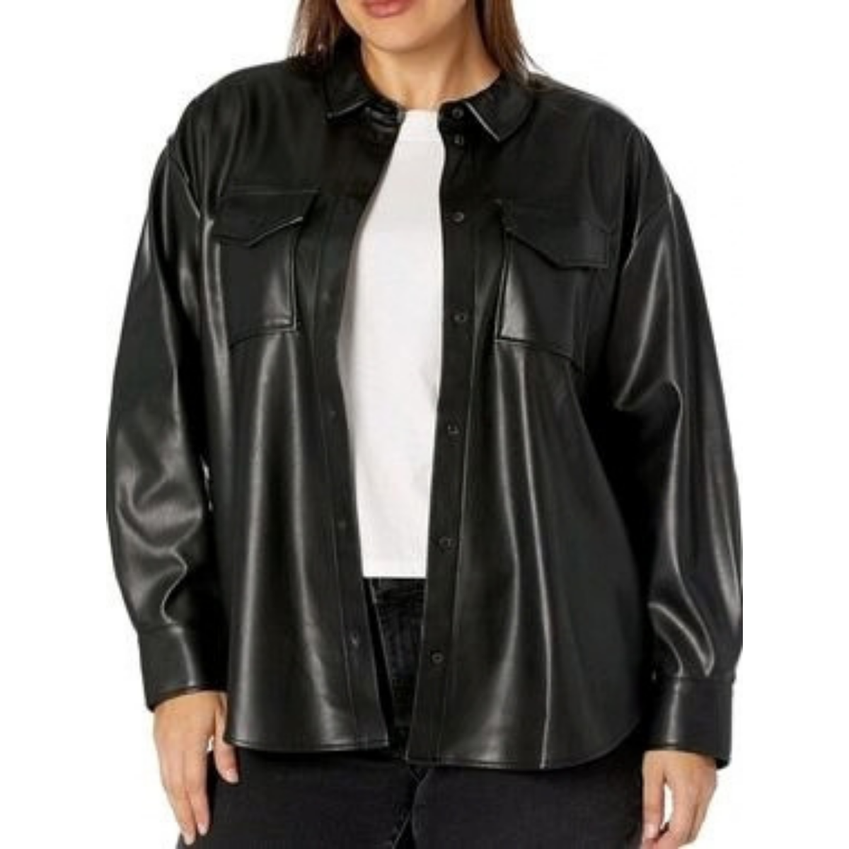 Black Faux Leather Button Front Shacket