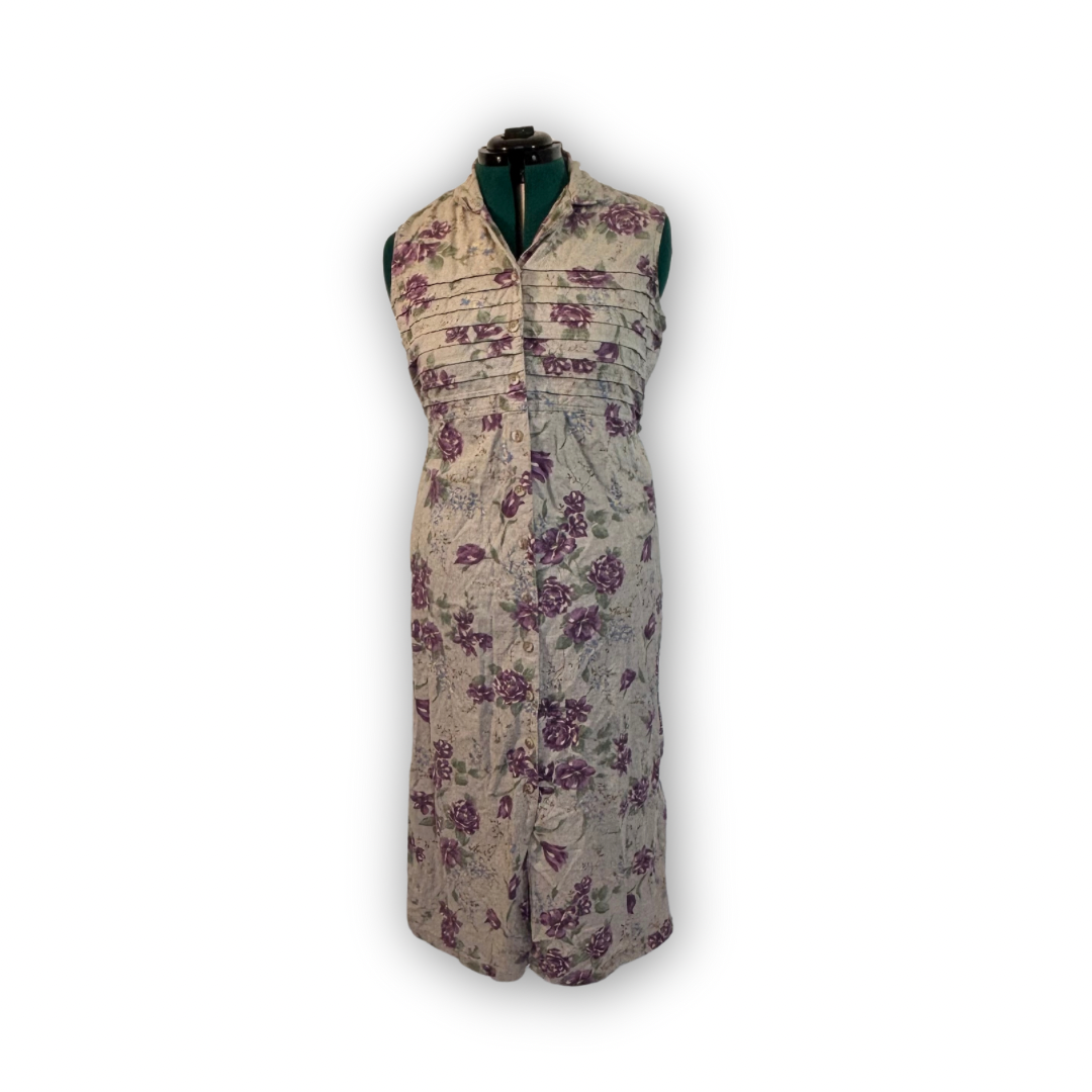 Vintage Beige Button Front Dress with Purple Floral Pattern