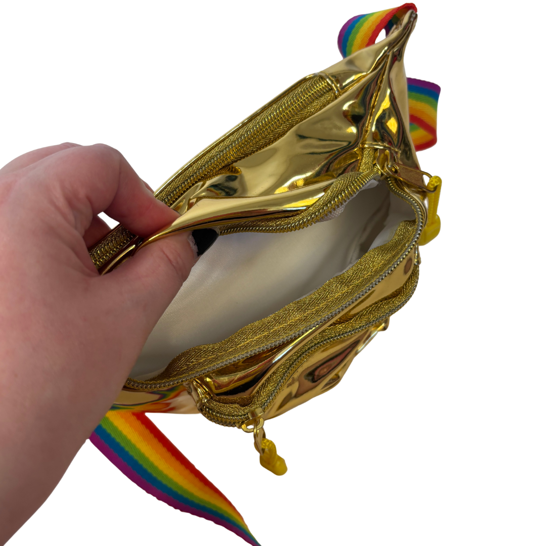 Tipsy Elves Pride Gold Metallic Fanny Pack with Rainbow Strap