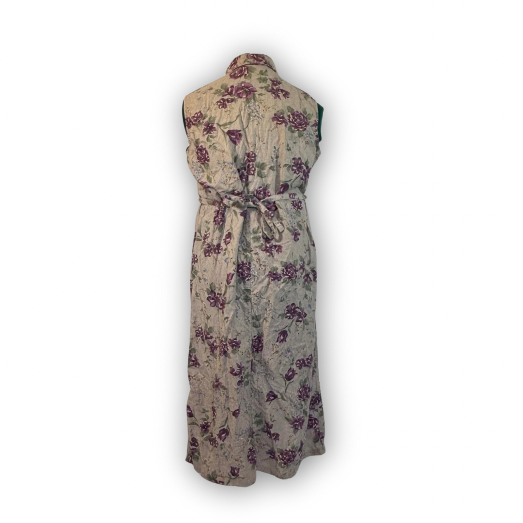 Vintage Beige Button Front Dress with Purple Floral Pattern