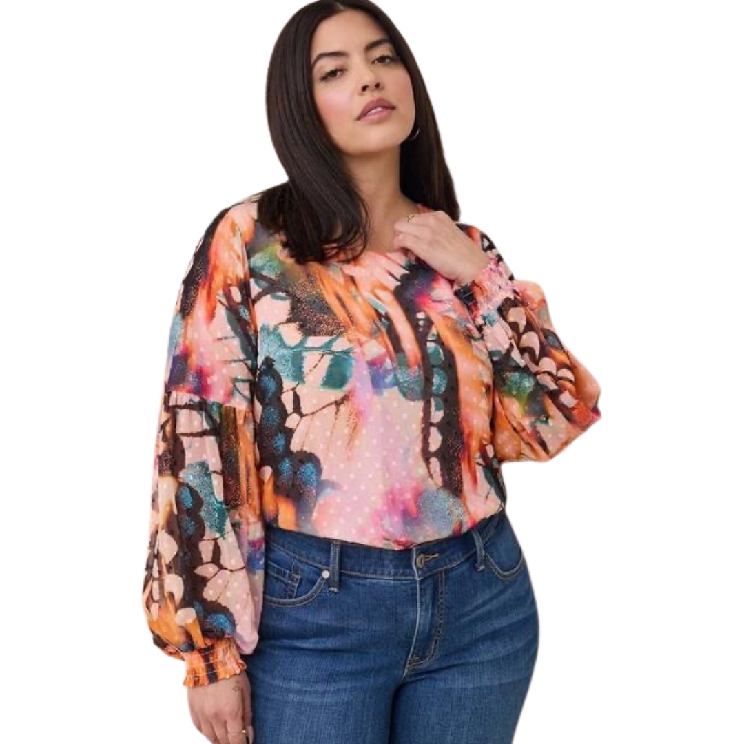 Torrid Abstract Watercolor Balloon Sleeve Top