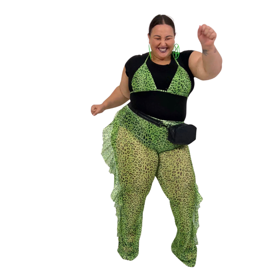 Lime Green Leopard Print Mesh Bikini Top and Flared Pants Set