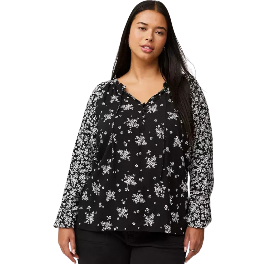 Torrid Black and White Ditsy Floral Peasant Top
